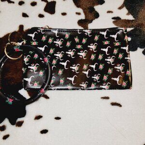 Floral Bull Skull Western Black Key Ring Bangle Bracelet Wristlet Bag